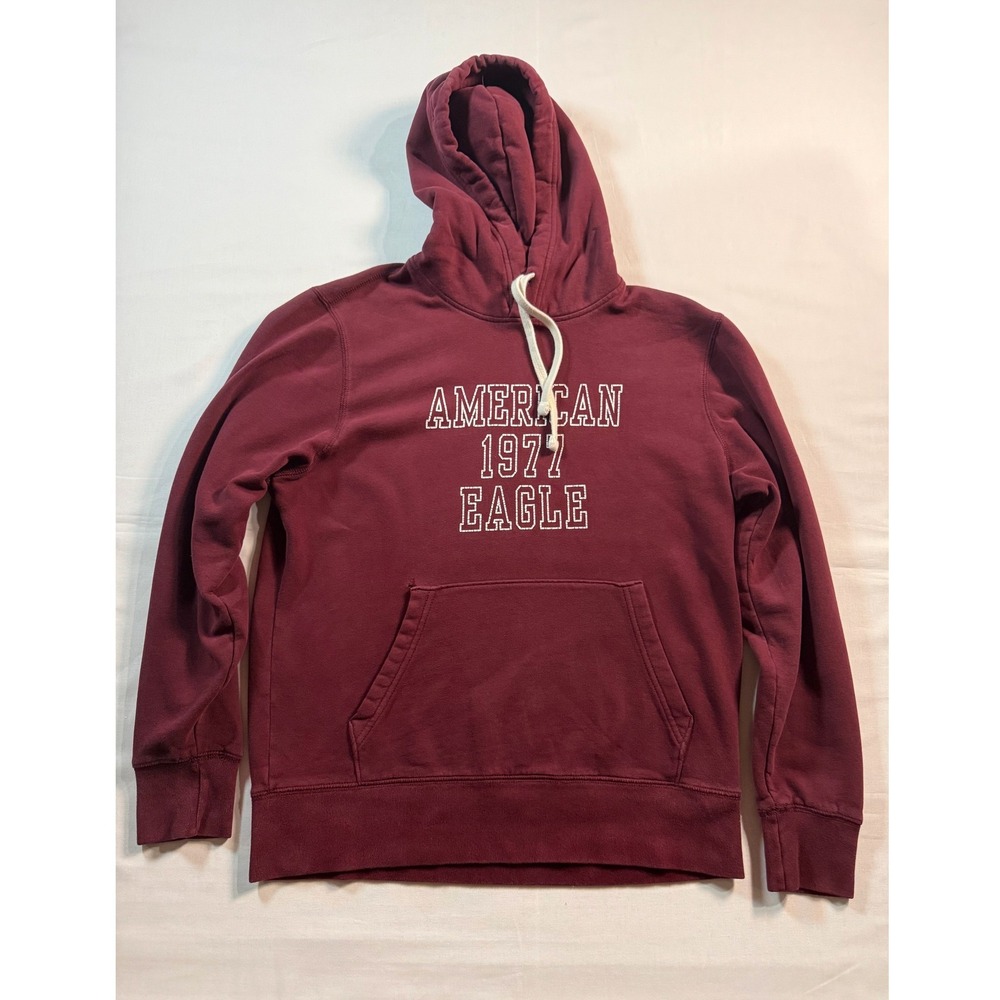 American Eagle Mens Super Soft Hoodie Burgundy Maroon Graphic Pullover Size M